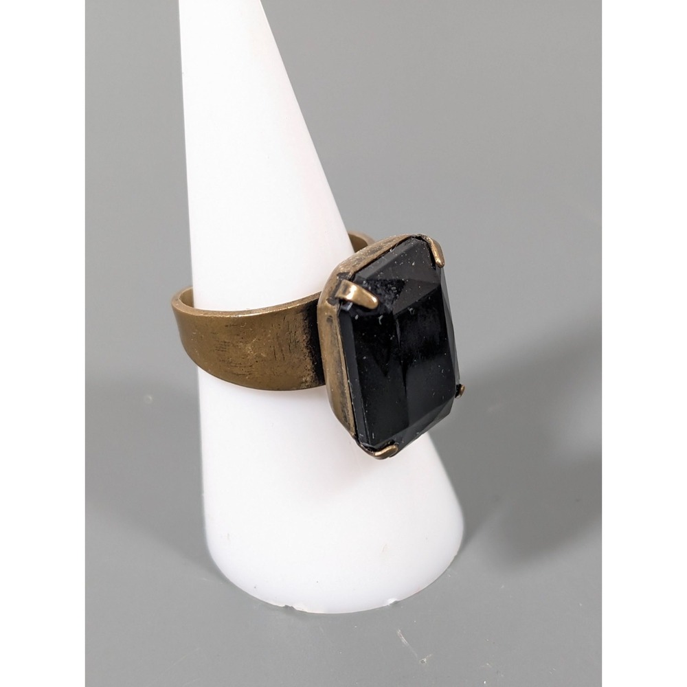 Bronze Tone‎ Black Glass Cocktail Ring Size 7 Open Band Gothic